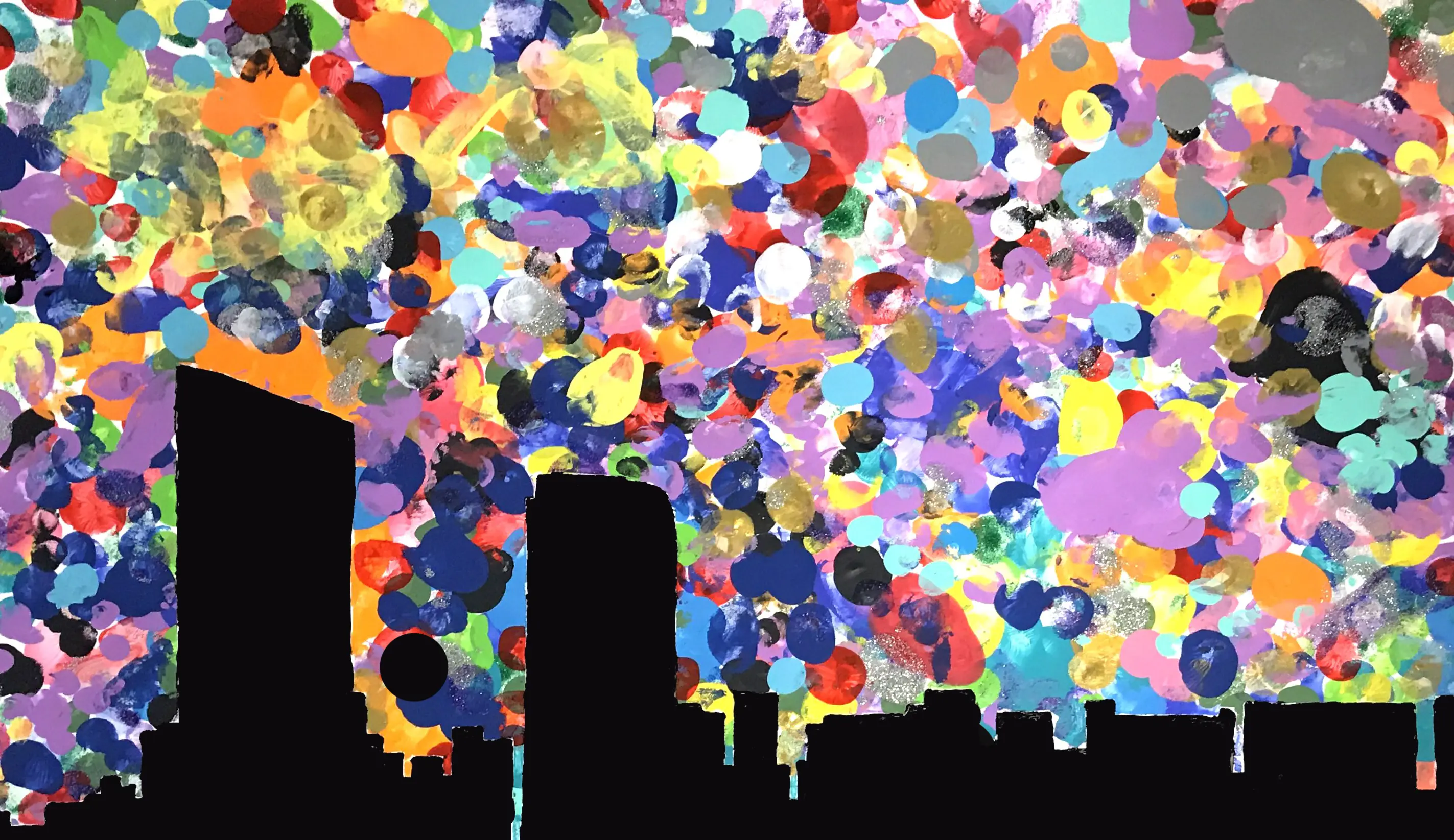 Balloons in the Sky. Collaborative painting of the Grand Rapids skyline by GREDC students.